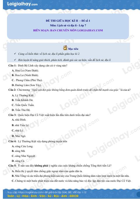 Đề thi giữa kì 2 Lịch sử và Địa lí 7 - Đề số 1